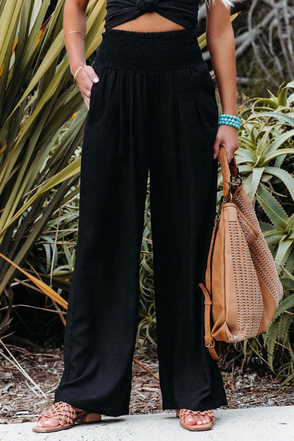 Maryangel Rebel women's cotton linen wide leg pants in solid color with elastic waist, perfect for casual summer wear.
