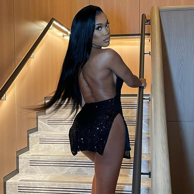 Backless halter dress by Maryangel Rebel, featuring hollow cutouts and a slimming fit, perfect for summer street style.