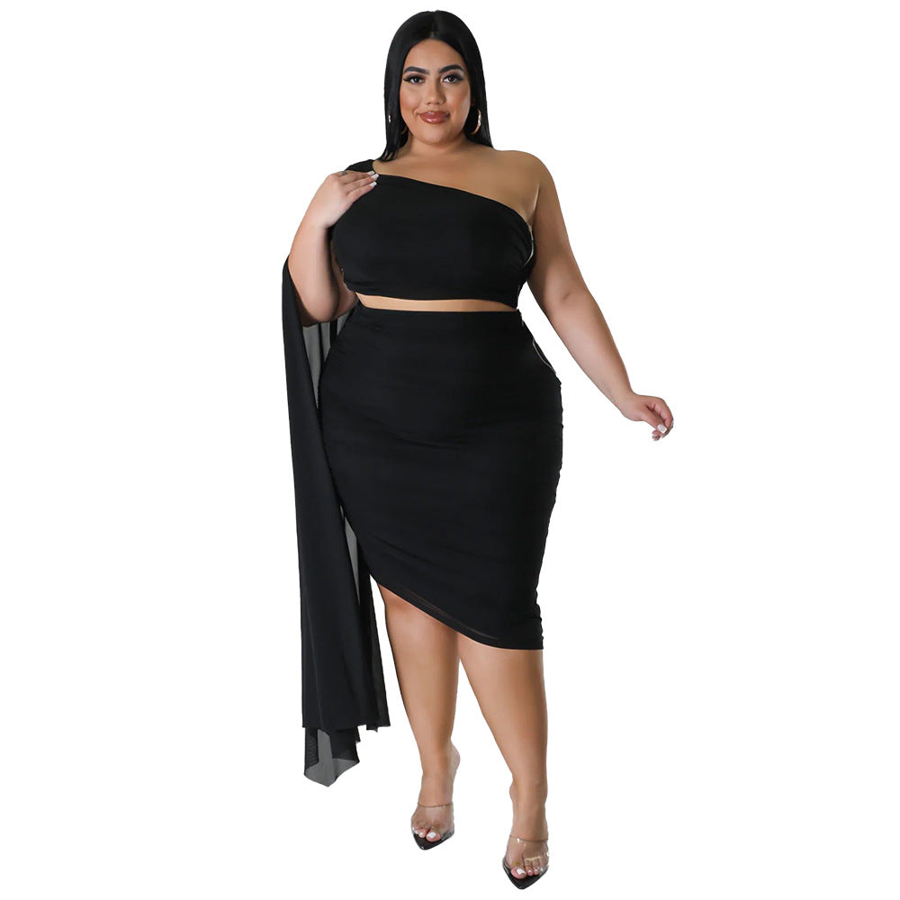 Plus size women's two-piece set featuring a high elastic diagonal collar and long train sleeves in a wrinkle-resistant fabric.