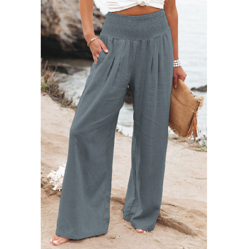 Maryangel Rebel women's cotton linen wide leg pants in solid color with an elastic waist, perfect for casual spring summer wear.