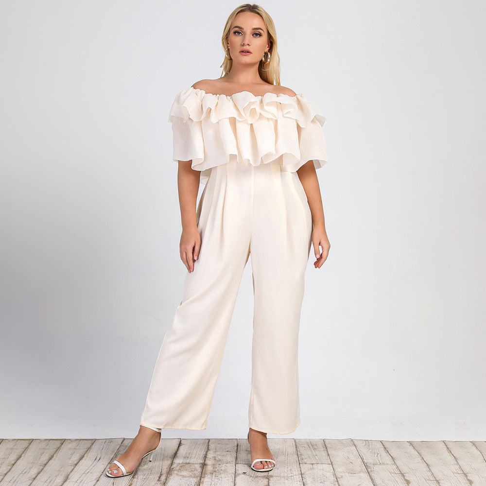 Plus size women's off-shoulder jumpsuit by Maryangel Rebel featuring lotus edge and straight-leg design for summer casual wear.