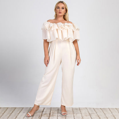 Plus size women's off-shoulder jumpsuit by Maryangel Rebel featuring lotus edge and straight-leg design for summer casual wear.