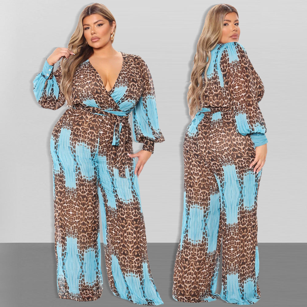 Anna V-Neck Printed Chiffon Vacation Jumpsuit with Belt