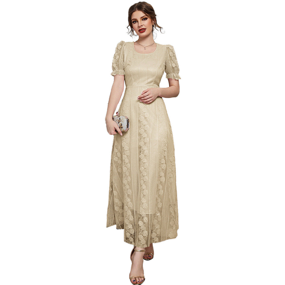 Maryangel Rebel women's maxi dress featuring a U collar and slimming mesh stitching in solid color.