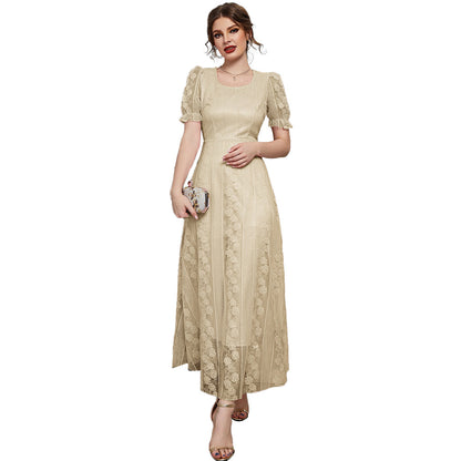 Maryangel Rebel women's maxi dress featuring a U collar and slimming mesh stitching in solid color.