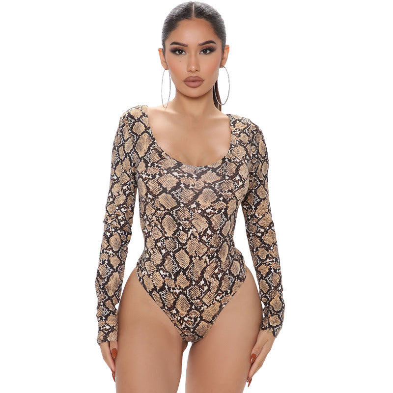 Plus size leopard print long sleeve jumpsuit for women by Maryangel Rebel, featuring a sexy, form-fitting design.