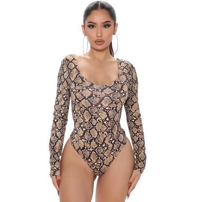 Plus size leopard print long sleeve jumpsuit for women by Maryangel Rebel, featuring a sexy, form-fitting design.