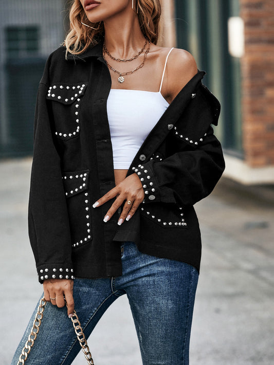 Maryangel Rebel women's beaded denim jacket, fashionable loose fit, perfect for all-match styles.