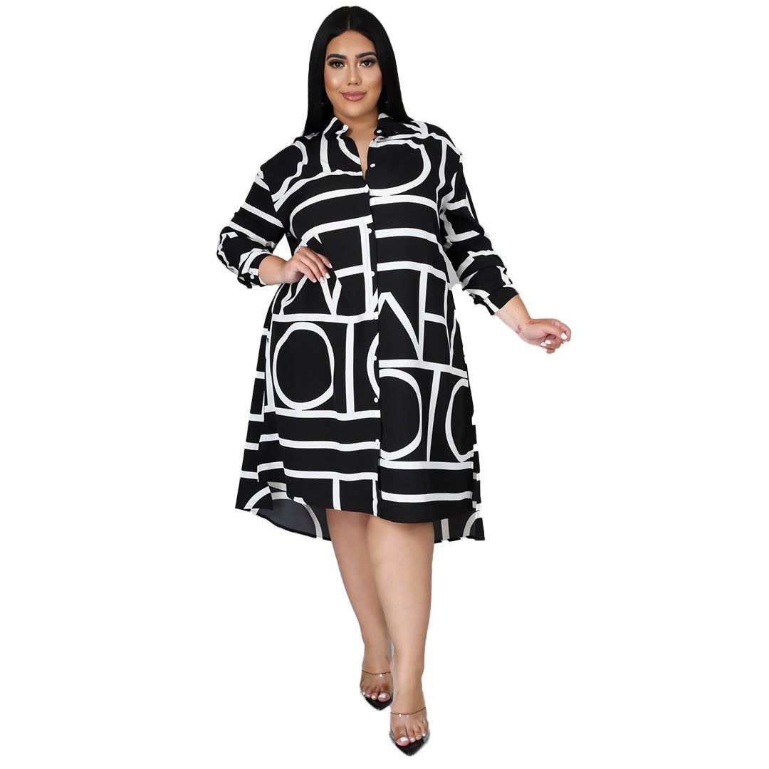 Plus size Maryangel Rebel shirt dress featuring a pleated waist and vibrant print, ideal for stylish women's fashion.