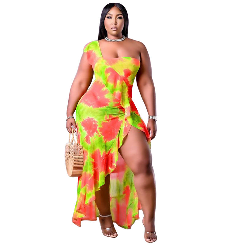 Plus size summer dress by Maryangel Rebel featuring a single sleeve, asymmetric design, and flounced skirt edge.