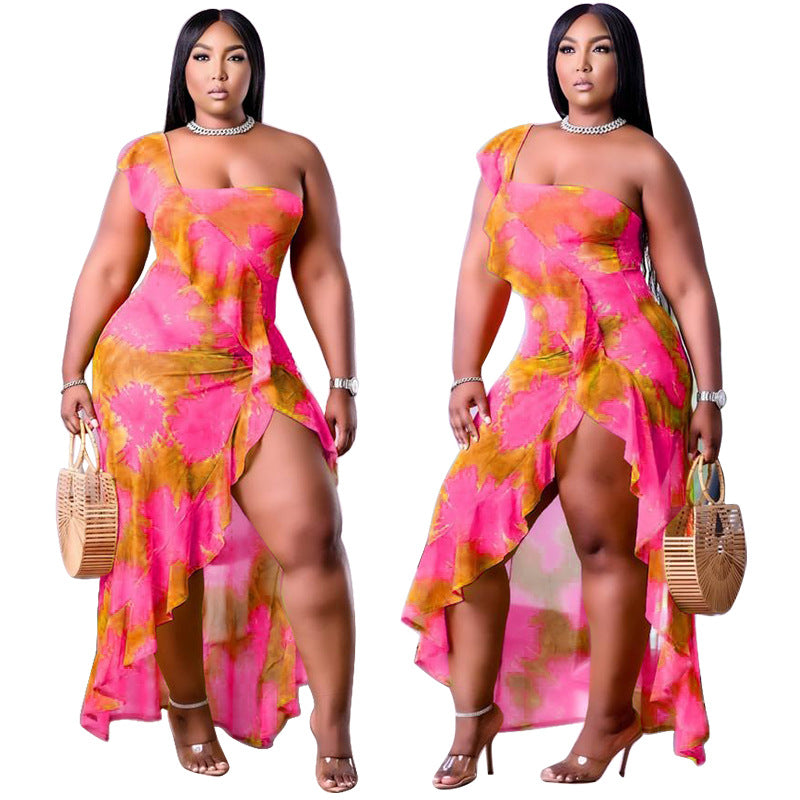 Plus size Maryangel Rebel summer dress with single sleeve and asymmetric printed flounced skirt edge.