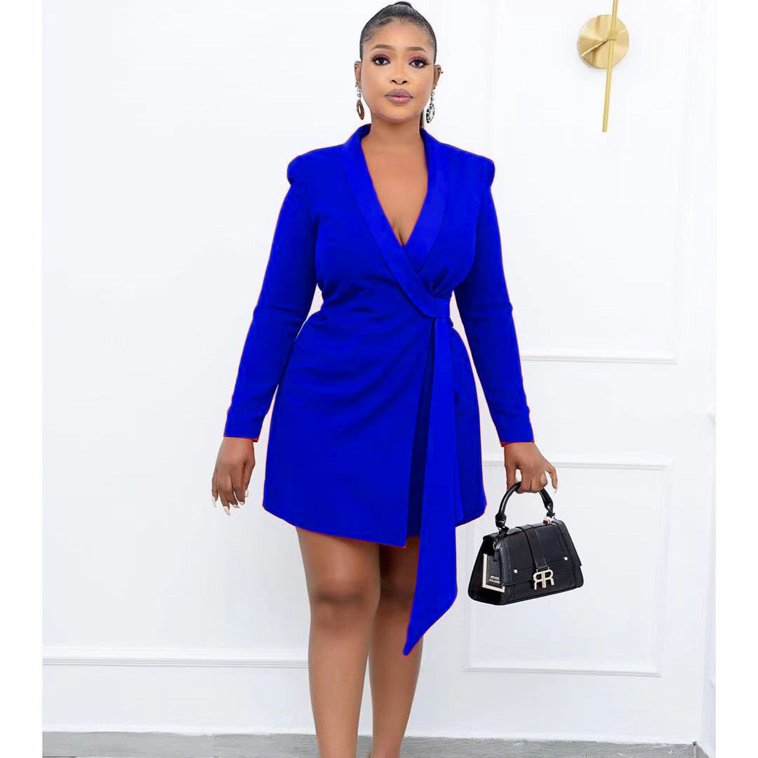 Plus size office slim fit lace-up suit skirt dress by Maryangel Rebel, featuring elegant lace-up detailing and tailored design.