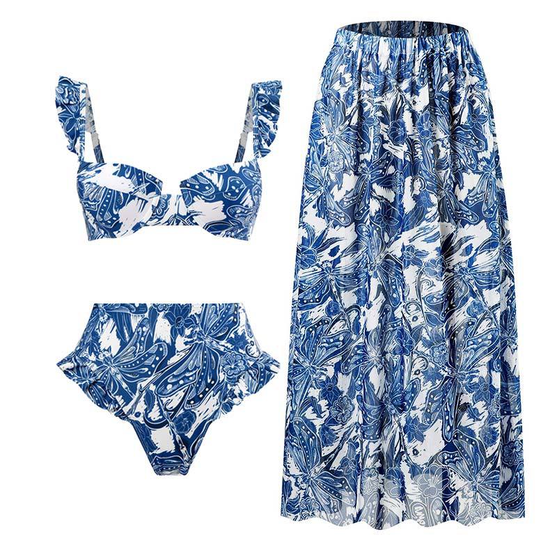 Maillot de bain rétro fendu trois pièces maillot de bain jupe de plage à lacets