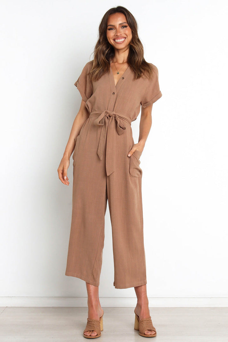 Été couleur unie poche Sexy col en V recadrée combinaison à jambes larges femmes