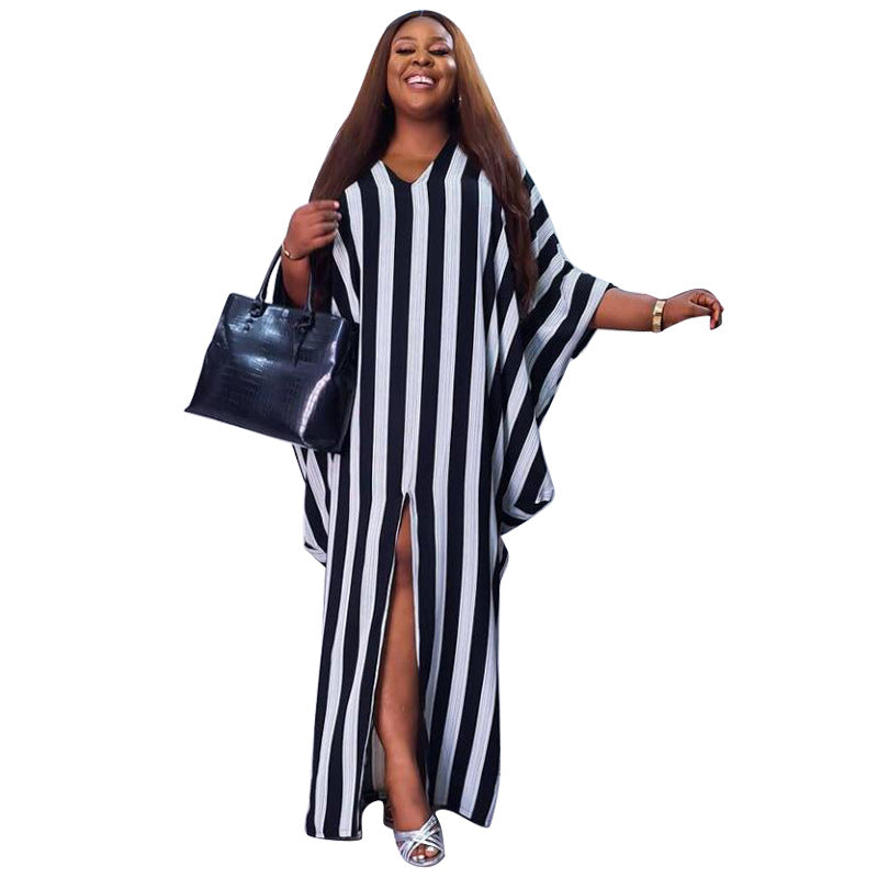 Plus size Maryangel Rebel women's striped asymmetric dress, featuring a loose fit and elegant irregular hem design.