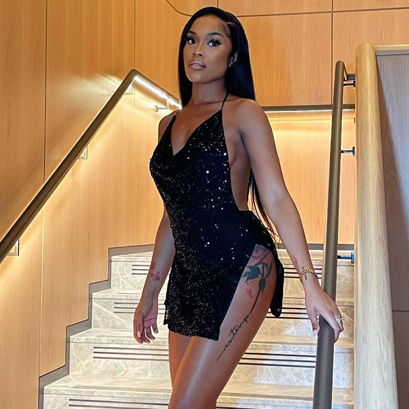 Backless hollow out halter dress by Maryangel Rebel, featuring a slim fit and short design, perfect for a night out.