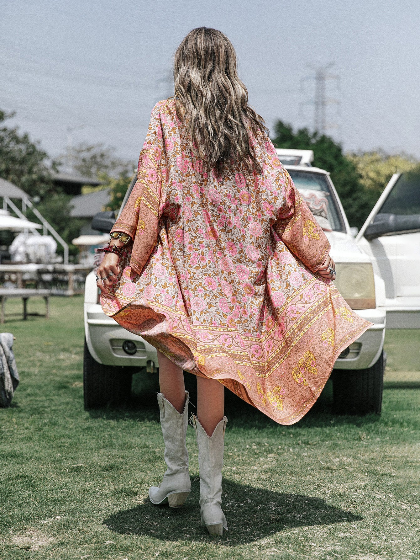 Kimono scialle stampato con posizionamento sciolto, lunghezza media, da donna
