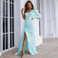 Off-shoulder long sleeve sequined party dress by Maryangel Rebel with a stylish split design for formal occasions.