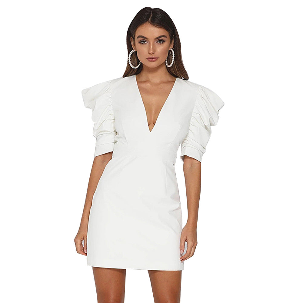 White short sleeve deep V plunge backless dress with retro high waist and oversleeves by Maryangel Rebel.