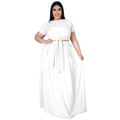 Plus size women's solid color criss cross lace-up swing skirt two-piece suit by Maryangel Rebel, featuring a flowing design.