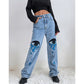 High waist straight leg denim trousers with a personalized print, designed for women by Maryangel Rebel.