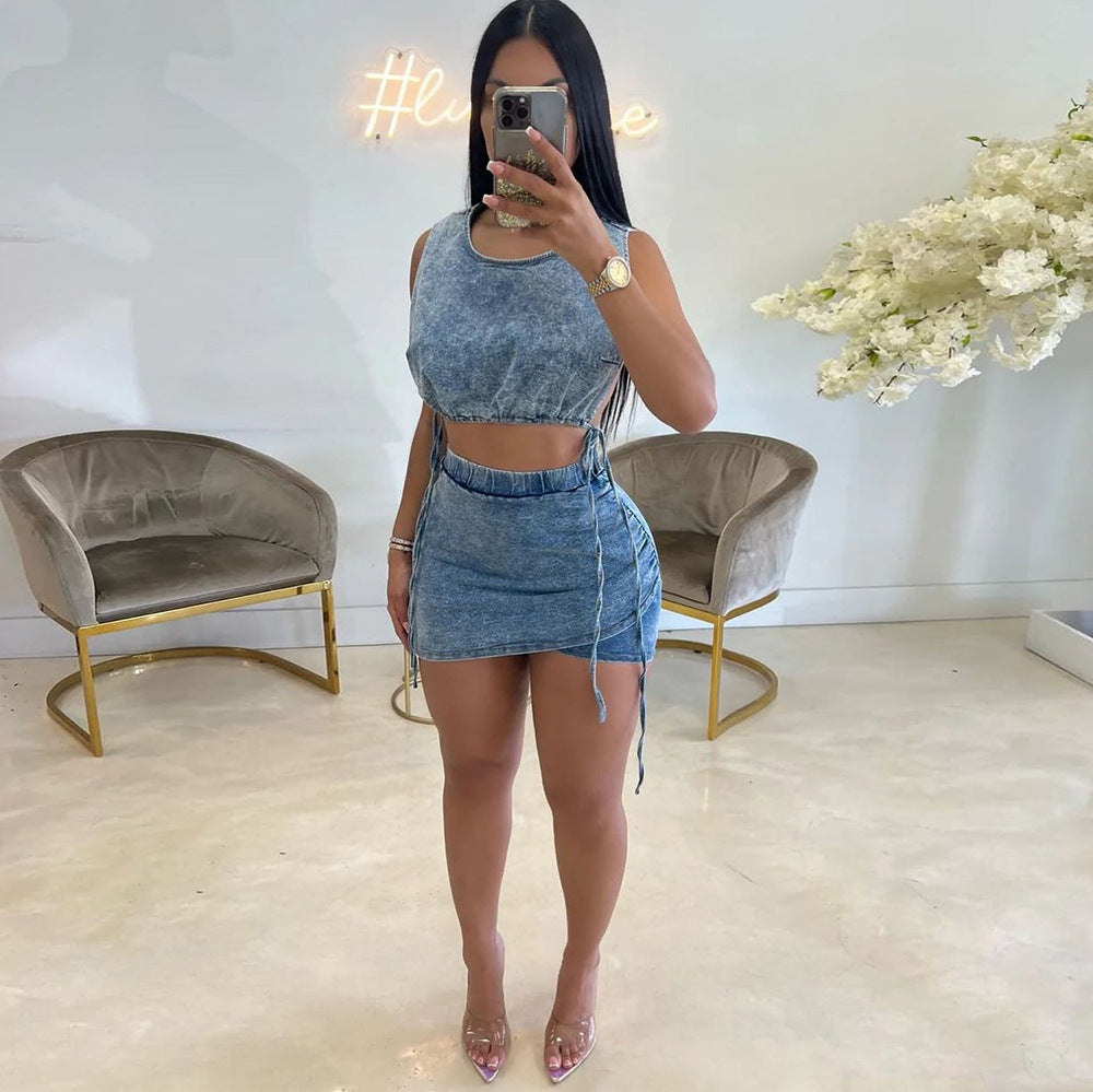 Maryangel Rebel women's two-piece sexy denim outfit featuring a vest and short skirt in a stylish fit.
