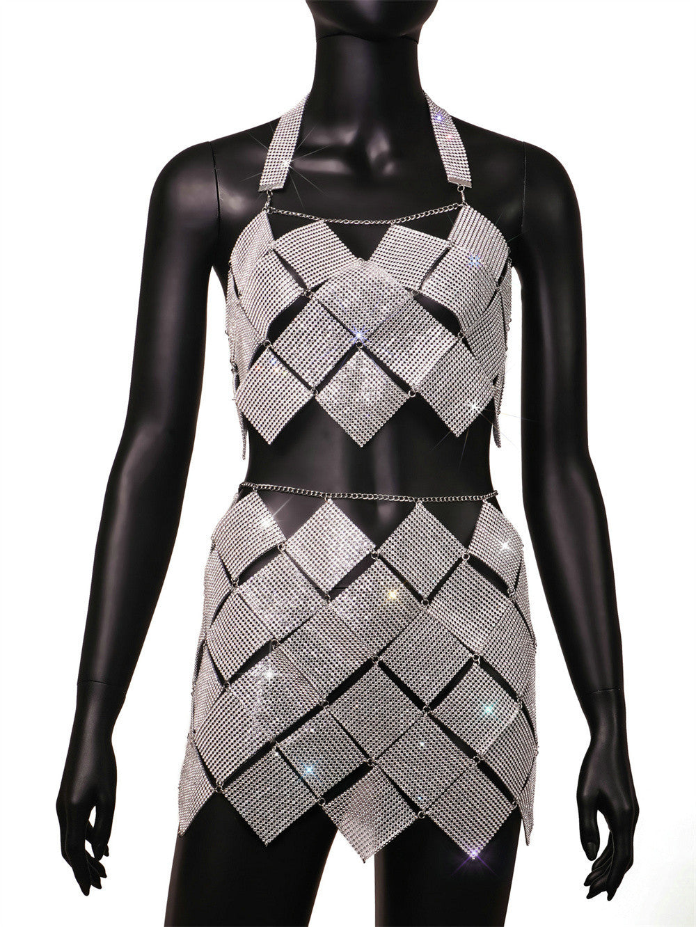 Sexy Backless Sheath Scale Sequined Bar Prom Suspender Skirt Set
