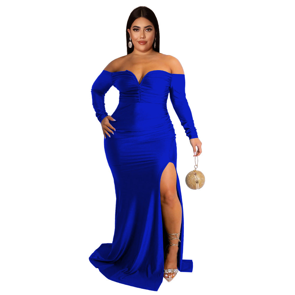 Plus size Maryangel Rebel sexy V neck split maxi dress in solid color, perfect for autumn and winter nightclub outings.