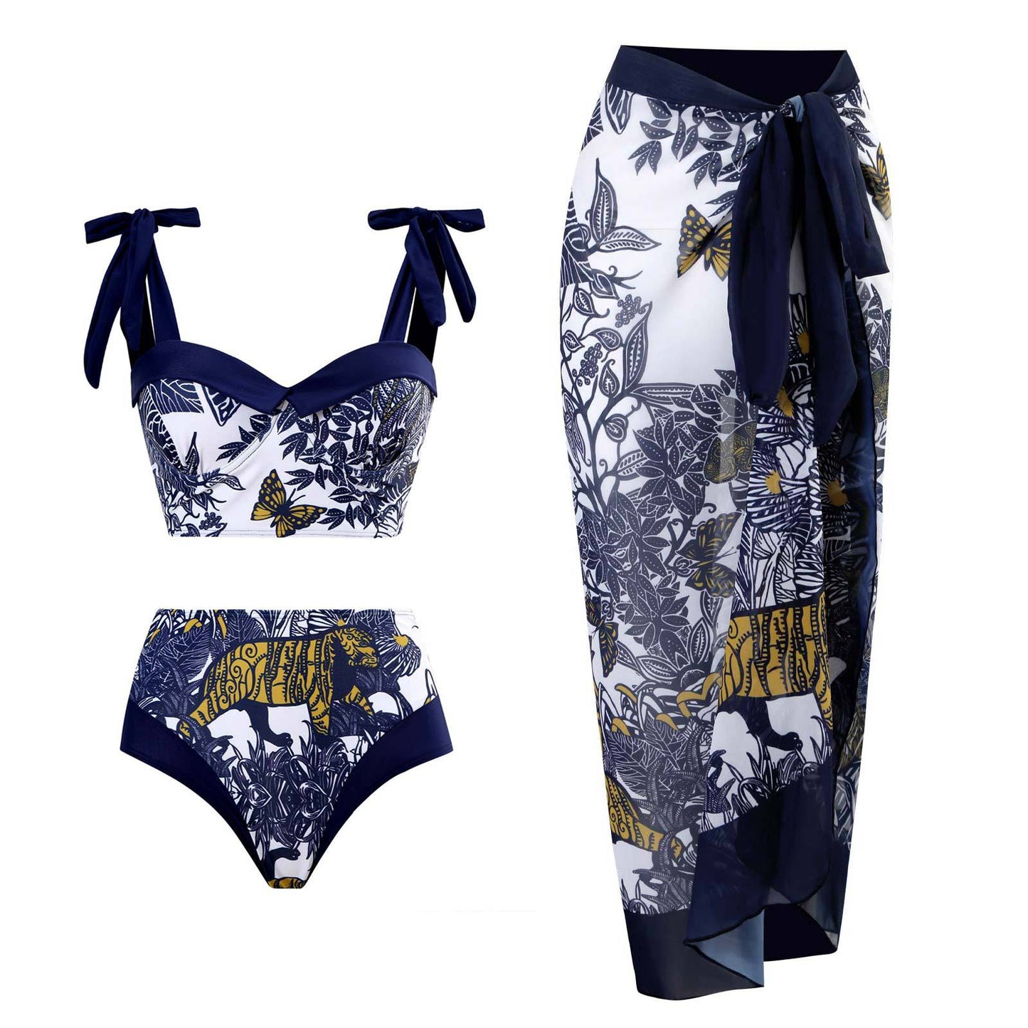 Maillot de bain rétro fendu trois pièces maillot de bain jupe de plage à lacets