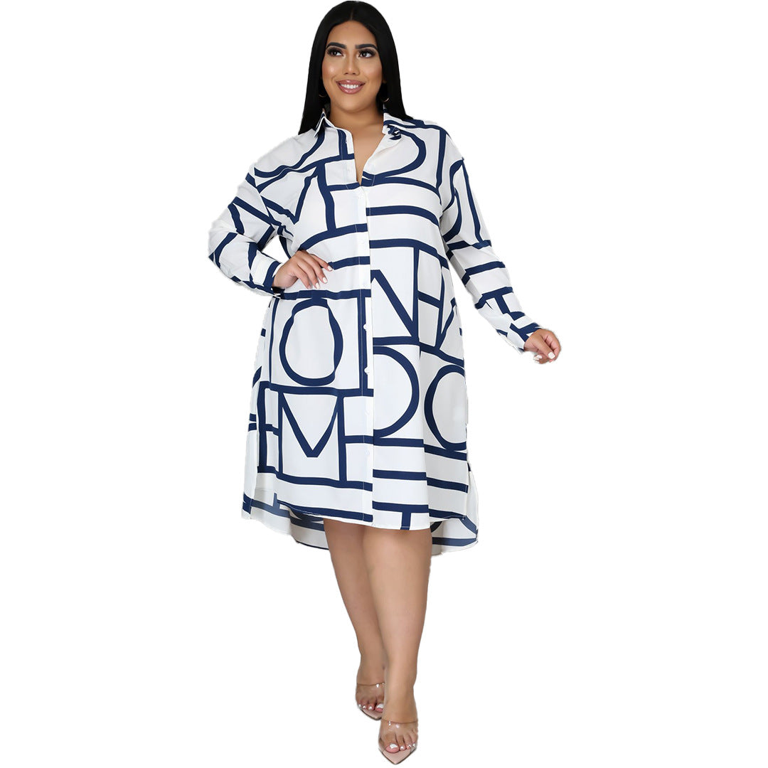 Plus size Maryangel Rebel shirt dress featuring a pleated waist and vibrant print, displayed on a mannequin.
