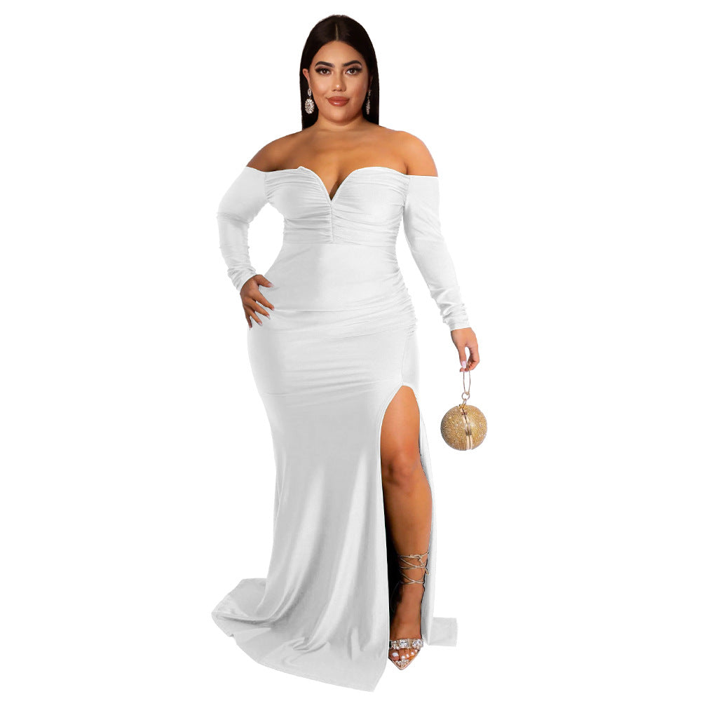 Plus size Maryangel Rebel sexy V neck formal dress, solid color, high split maxi style, perfect for autumn and winter nights.
