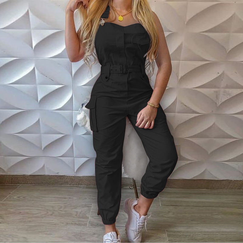 Plus size women's jumpsuit by Maryangel Rebel, featuring sleeveless design, ankle banded, and suspender details.