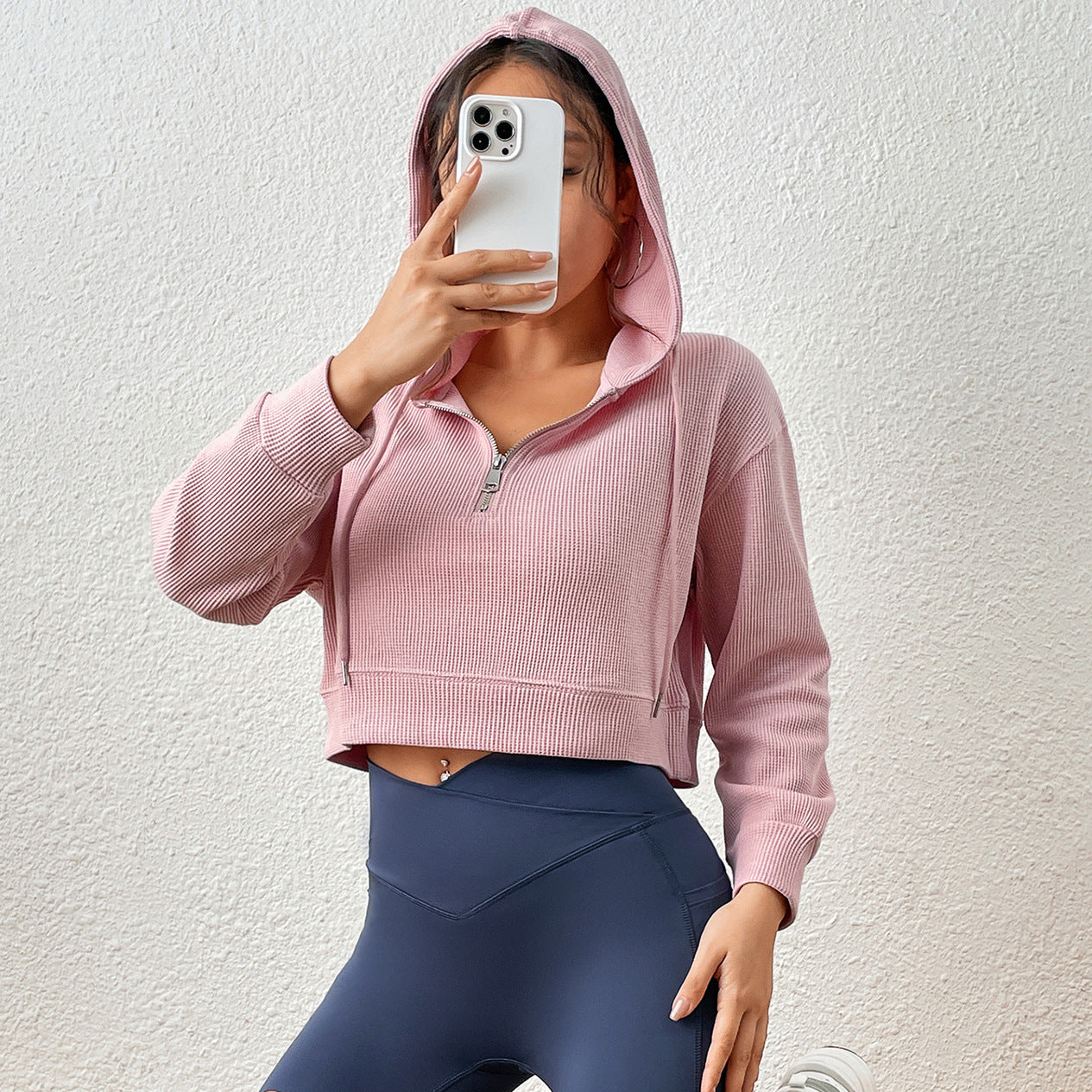 Printemps rose gaufré à capuche demi fermeture éclair pull femmes sport ample amincissant haut