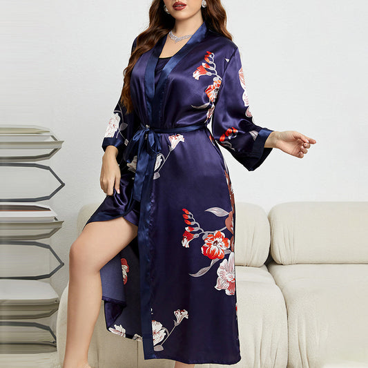 Plus Size Summer Imitated Silk Pajamas Sexy Lace Bathrobe Slip Nightdress Two Piece Women Ice Silk Nightgown