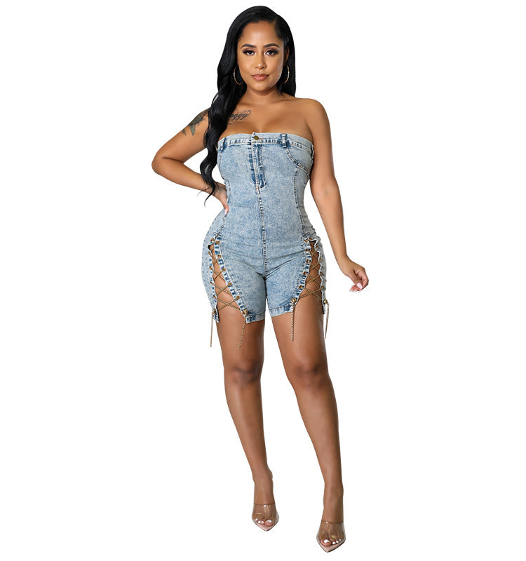Abbigliamento primaverile da donna, abito in denim sexy con spalle scoperte e catena in rame