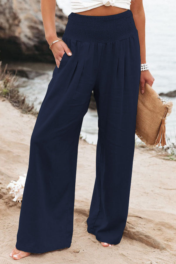 Maryangel Rebel women's cotton linen wide leg pants in solid color with an elastic waist, ideal for casual summer wear.