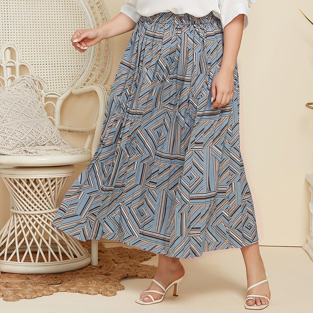 Plus Size Women Geometric Abstract Print Pleated Skirt Loose Maxi Dress
