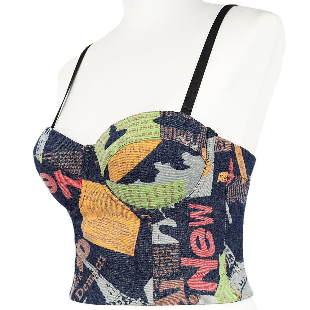 Backless lace-up denim camisole by Maryangel Rebel, featuring a slim fit and trendy tube top design for women.