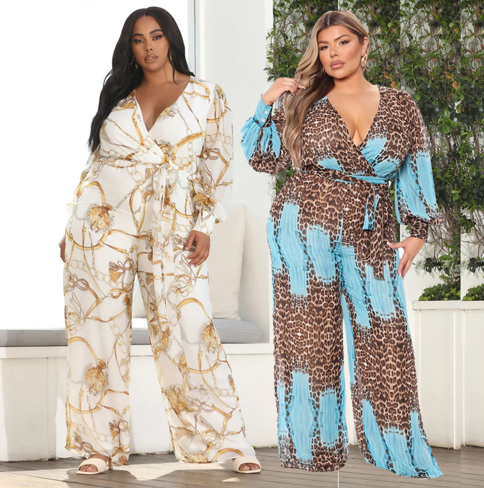 Anna V-Neck Printed Chiffon Vacation Jumpsuit with Belt
