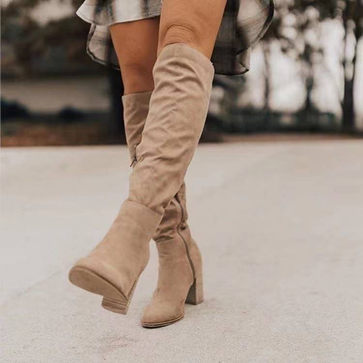 Plus size Maryangel Rebel long suede boots with chunky heel, pointed toe, and side zip in solid color.