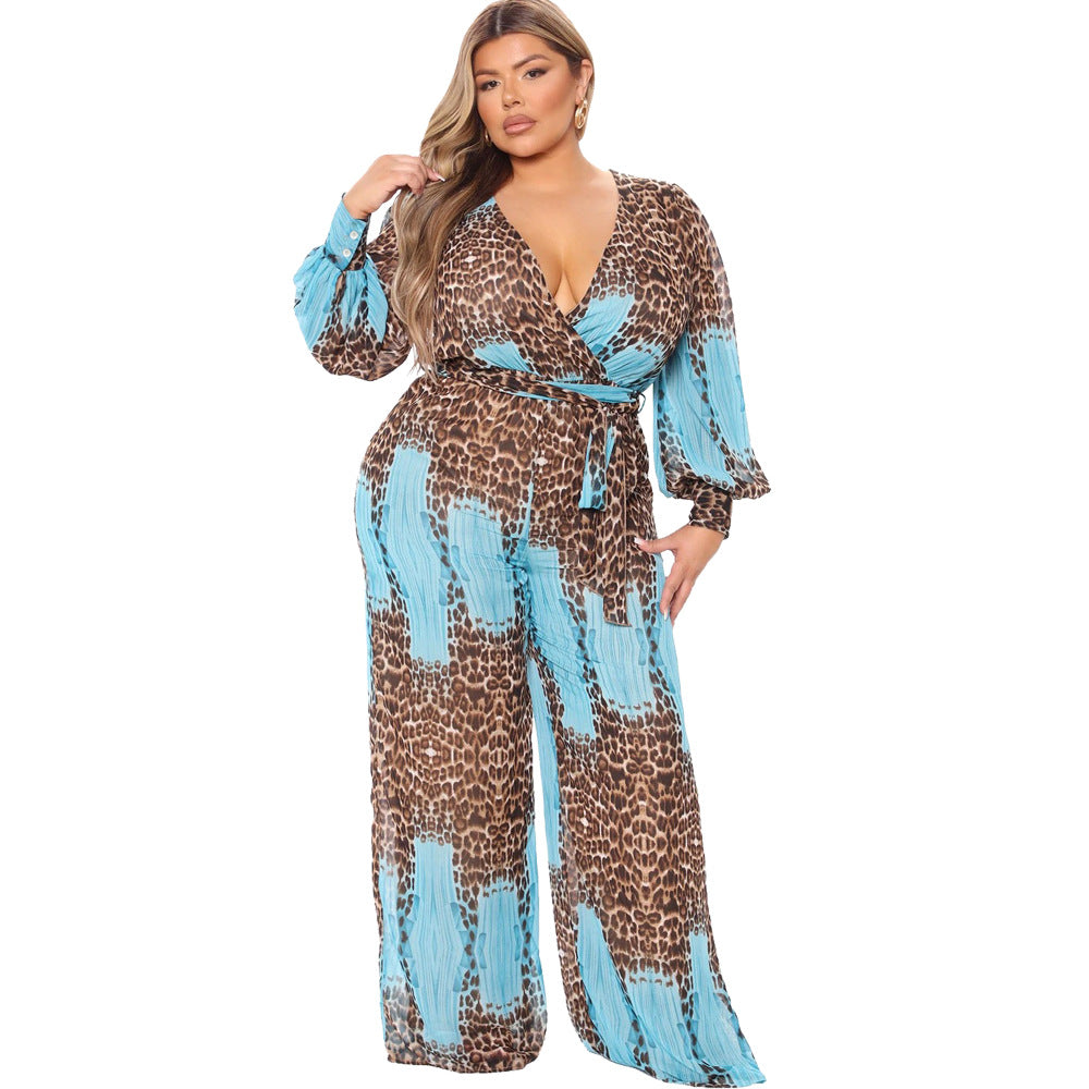 Anna V-Neck Printed Chiffon Vacation Jumpsuit with Belt