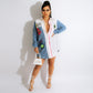 Plus size women's casual denim shirt dress with patchwork and stitching details by Maryangel Rebel, mid-length style.