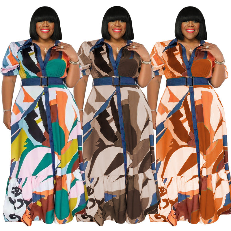 Plus size Maryangel Rebel summer dress with colorful print and belt, featuring a loose, comfortable fit.