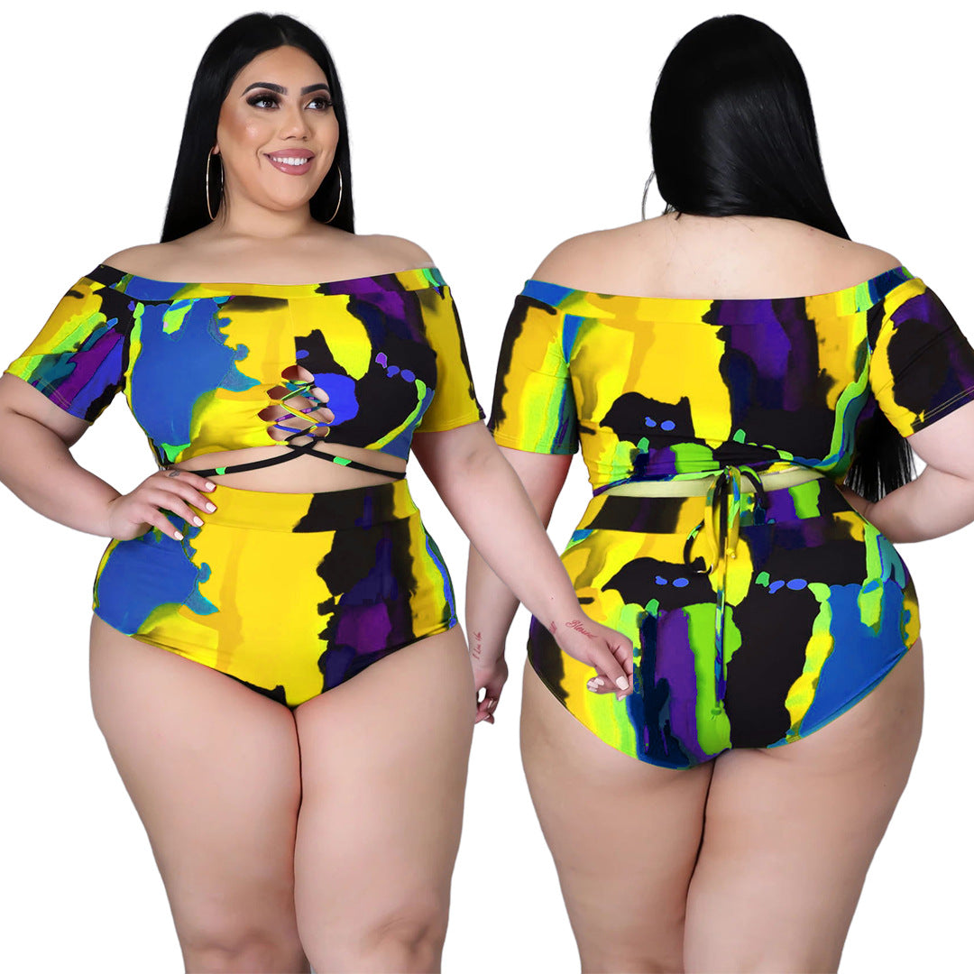 Plus Size Women Sexy Print Strap off-Shoulder Swimsuit Suit