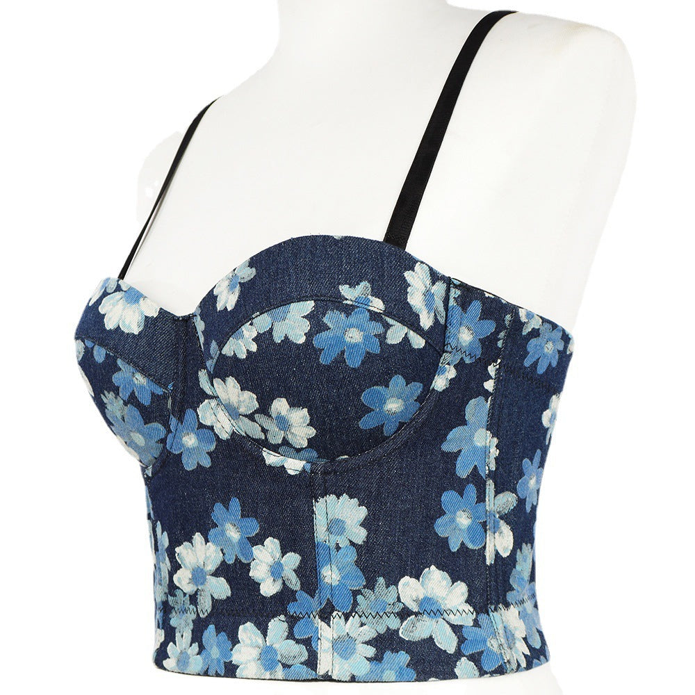 Backless lace-up denim camisole by Maryangel Rebel, featuring a slim fit and stylish print, perfect for summer outfits.