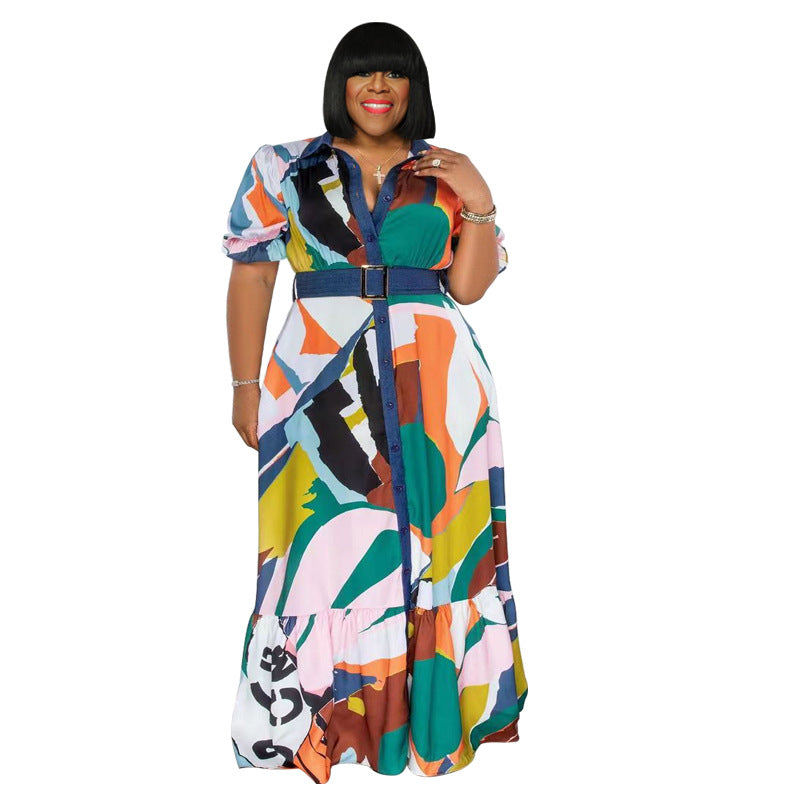 Plus size Maryangel Rebel summer dress with colorful print and belt, featuring a loose and comfortable fit.