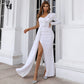Off-shoulder long sleeve sequined formal gown by Maryangel Rebel with a stylish split design for parties.