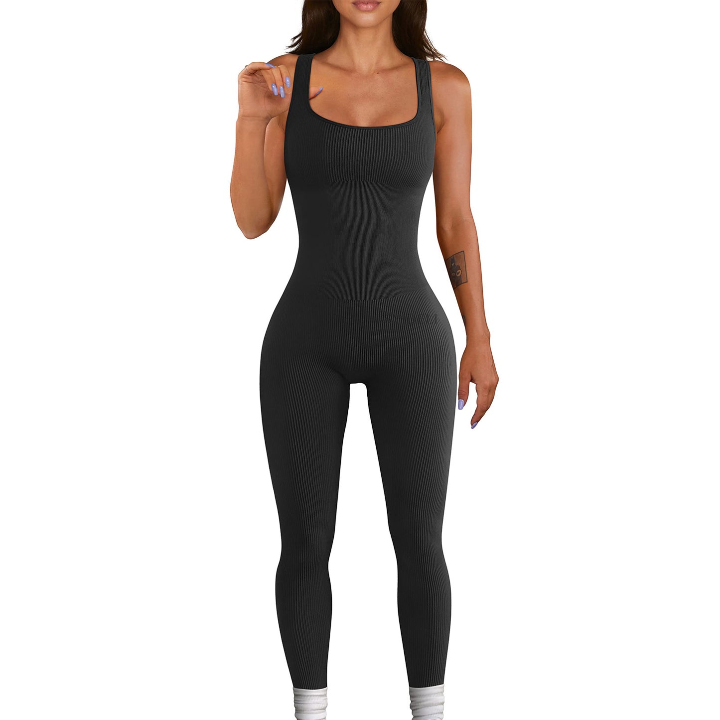 Vêtements pour femmes Gilet sans manches Combinaison Fil Col carré Hip Raise Slim Fit Sexy Jumpsuit