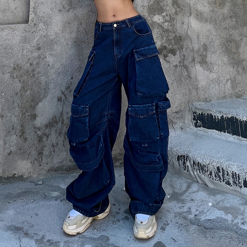 High waist loose wide leg pants with large pockets for women by Maryangel Rebel, featuring a casual fit and stylish design.