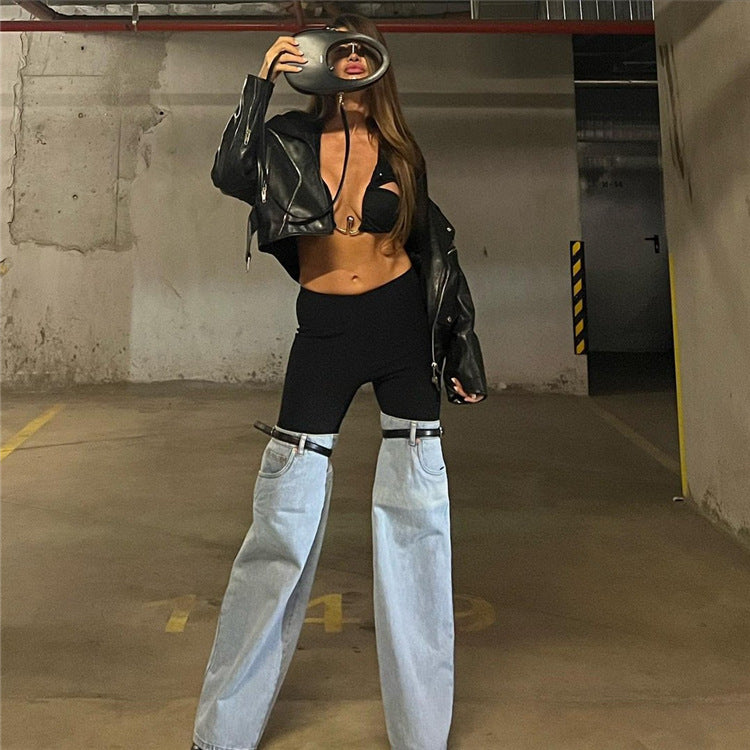 Maryangel Rebel women's high waist straight wide leg jeans with unique stitching design, perfect for a chic spring look.
